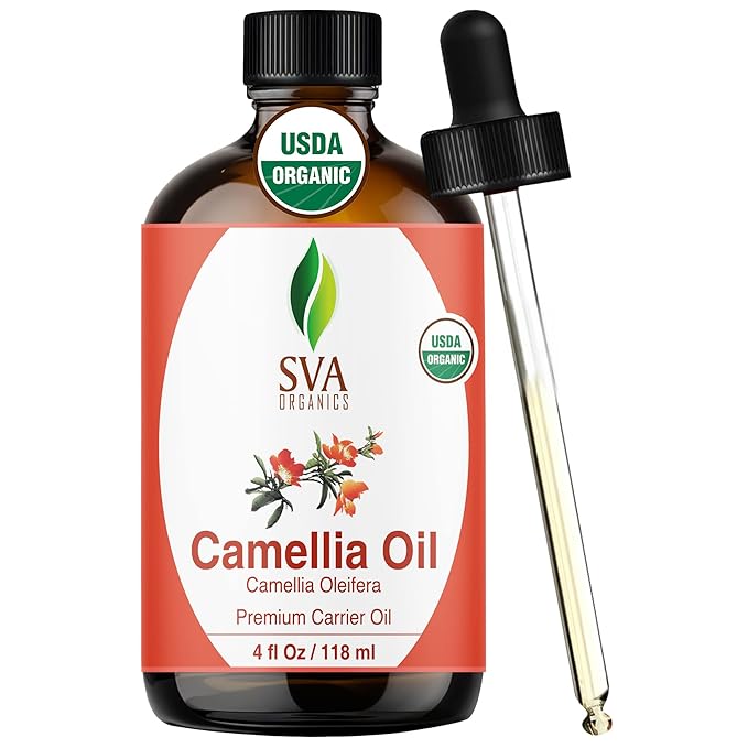 SVA Camellia Seed Oil Organic - 4 Fl Oz – 100% Natural Cold Pressed Organic Camellia Oil - for Face, Skin Care, Hair Care, Scalp Massage & Body Massage – Carrier Oil with Dropper