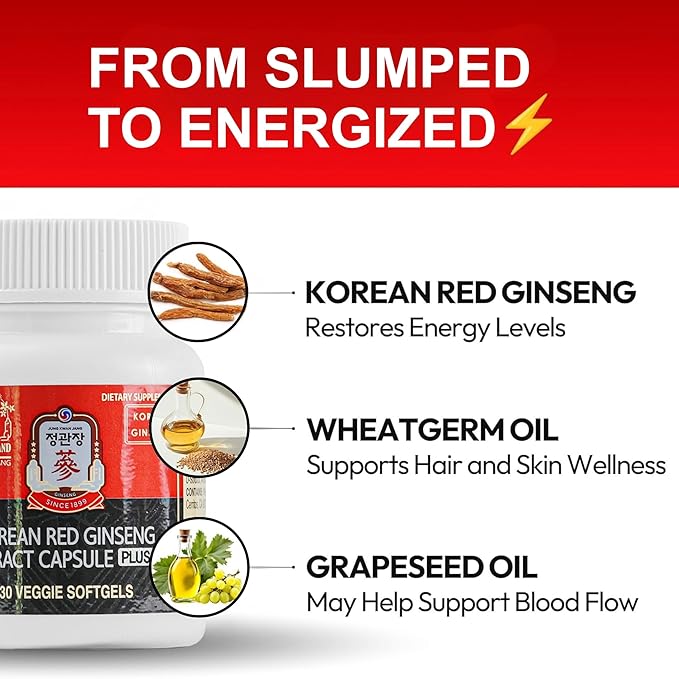 JUNG KWAN JANG Korean Red Ginseng Extract Capsules Plus | All-in-1 Focus Pills for Men & Women | Natural Energy Supplements, Circulation, Immune Support | 30 Capsules
