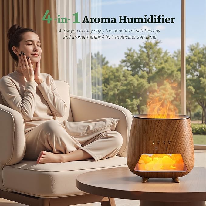 Essential Oil Diffuser for Home: 200ml Aromatherapy Diffuser with Himalayan Pink Salt Rock, Cool Mist Humidifier with Auto Off Function and 9 Colors LED Night Light for Bedroom