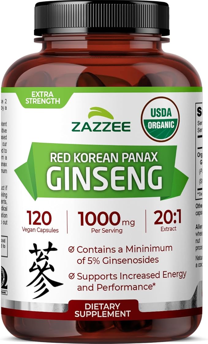 Zazzee USDA Organic Red Korean Panax Ginseng 20:1 Extract, 1000 mg, 5% Ginsenosides, 120 Vegan Capsules, Standardized and Concentrated 20X Root Extract, 100% Vegetarian, All-Natural, Made in The USA