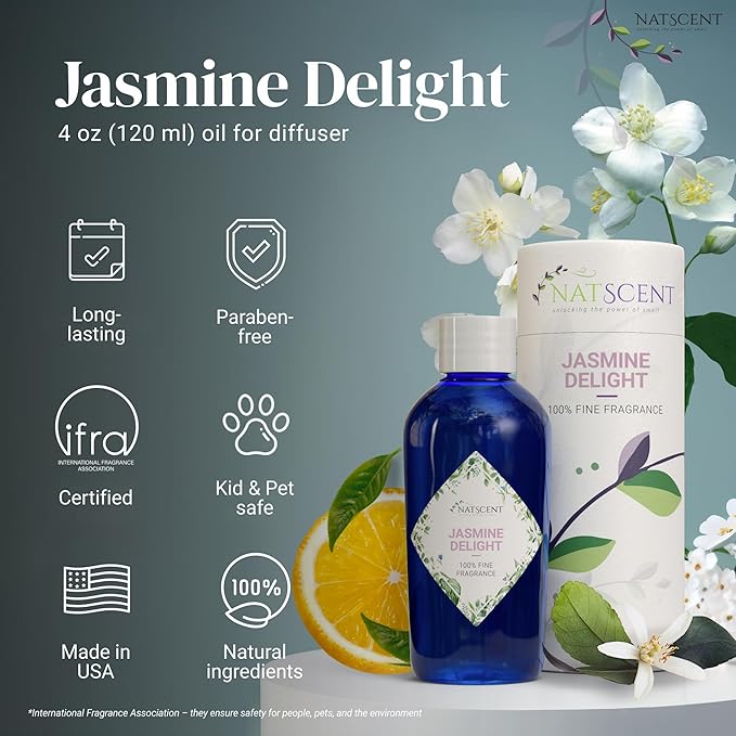 Jasmine Delight Essential Oils for Diffusers for Home, Nature-derived Jasmine Essential Oil, Long-Lasting & Family-Friendly Diffuser Oils Scents, IFRA Certified, Cold Air & Ultrasonic – 4oz