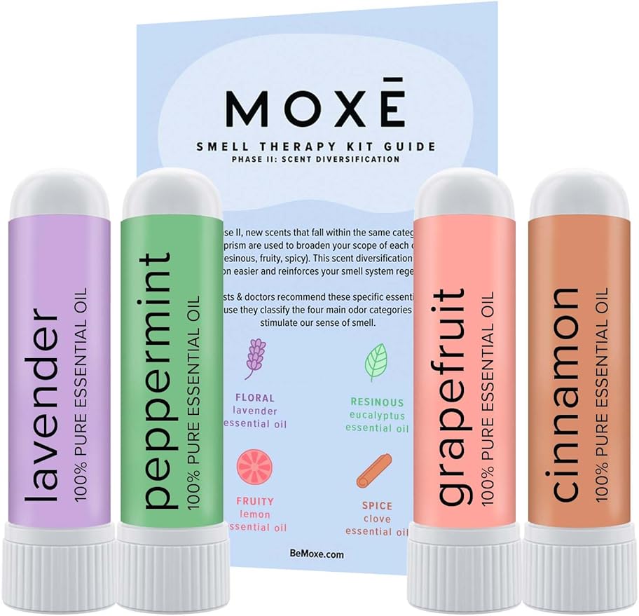 MOXĒ Smell Training Kit, Made in USA, Scent Diversification, 4 Essential Oil Fragrances, Olfactory Regeneration, Smell Expansion, Natural Therapy for Smell Loss, Includes Guidebook & Log (Phase 2)