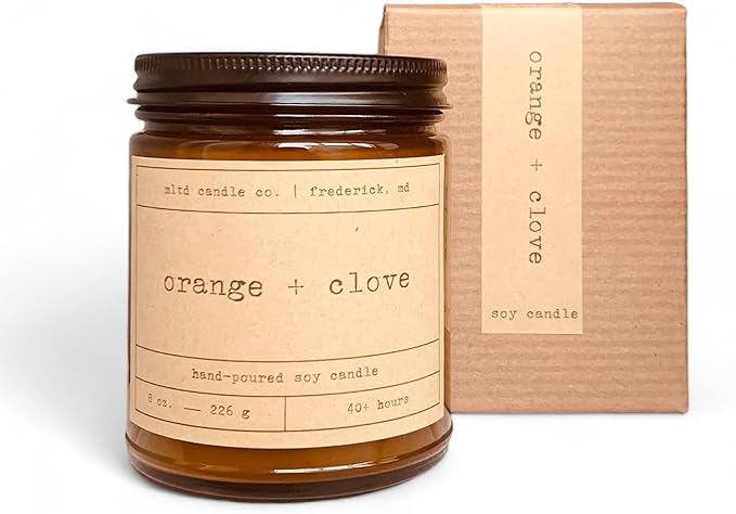 Orange + Clove Soy Candle | 8 oz. | 40 Hour Burn Time | Orange, Cinnamon, Clove Scented | Non-Toxic, Phthalate-Free, Dye-Free | Hand-Poured | Amber Jar | Cotton Wick | Made in The USA