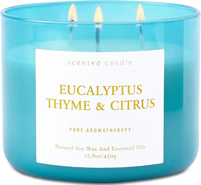 Eucalyptus Thyme Citrus 3-Wick Soy Scented Candle, 15.8 oz Large | Scented Candles for Home | Spa Aromatherapy Eucalyptus Candle