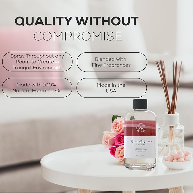 Aroma Country Ruh Gulab Diffuser Oil - Luxury Essential Oils for Diffuser Refill & Air Freshener Room Spray - Long-Lasting & Natural Home Fragrance, Damask Rose Scented Oil for Diffusers (8.5 Fl. oz)