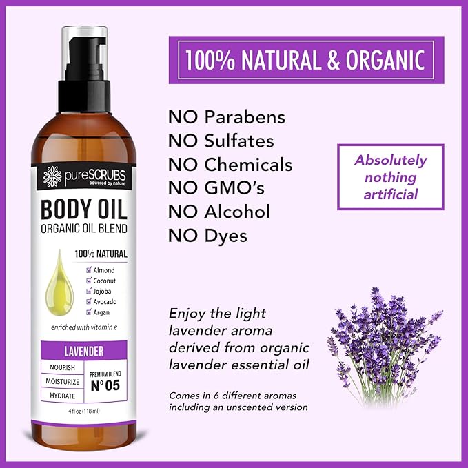 pureSCRUBS Ultra Moisturizing Lavender Body Oil Spray for Dry Skin, Massage, Cuticles & More, Organic Blend of Jojoba, Argan, Coconut, Sweet Almond & Avocado Oils Enriched with Vitamin E, Lg 4oz