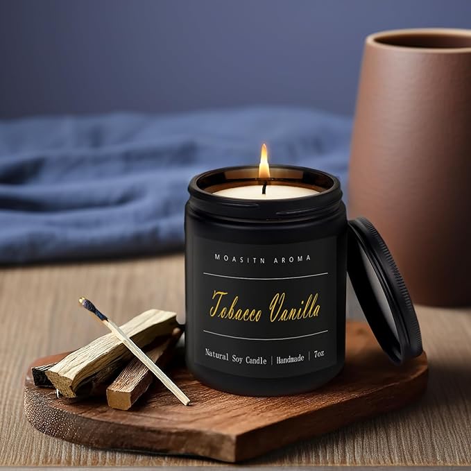 MOASITN Tobacco Vanilla Highly Scented Candle for Home|Organic Soy Candel| Handmade Long Lasting Aromatheraphy Jar Candles| Gift for Women,Men for Relaxing,Housewarming,Autumn|7oz