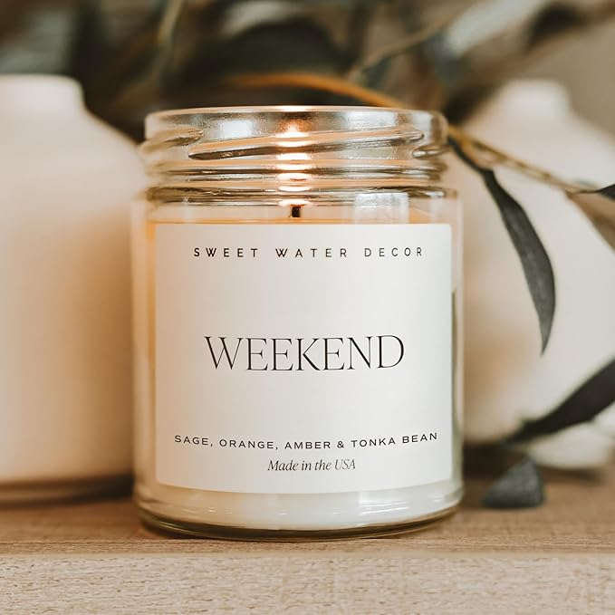 Sweet Water Decor Weekend Candle - Soy Citrus, Grapefruit, Sage, Amber, and Oakmoss Scented Earthy Candles for Home - 9oz Clear Jar with Gold Lid, 40+ Hour Burn Time, Made in The USA