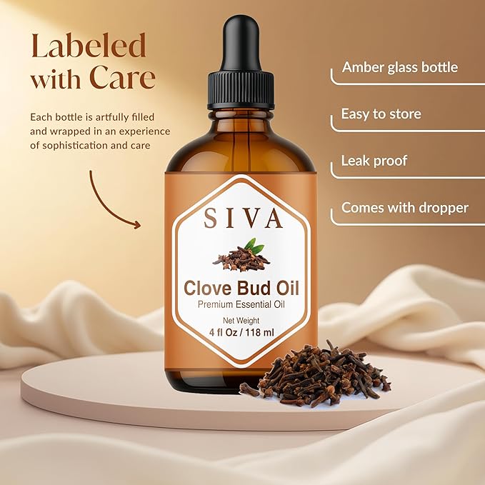 Siva Clove Bud Essential Oil - 4 Fl Oz – 100% Natural Clove Oil - for Diffuser, Face, Skin Care, Aromatherapy, Hair Care, Scalp and Body Massage - with Dropper