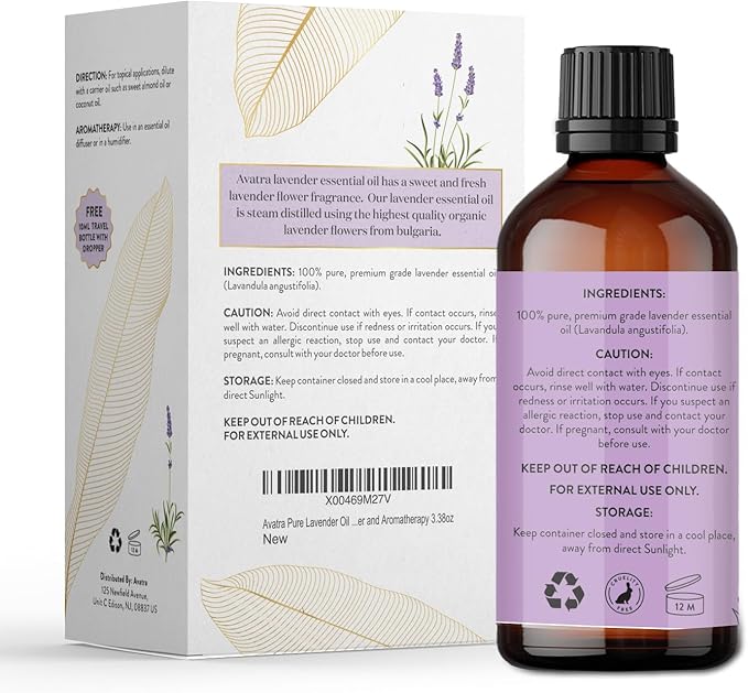 Avatra Essential Oil with Glass Dropper and Travel Bottle - 100% Pure and Natural - Essential Oils for Diffuser, Aromatherapy, Soap and Candle Making, Lavender Essential Oil, Lavender Oil, 3.38 Fl Oz