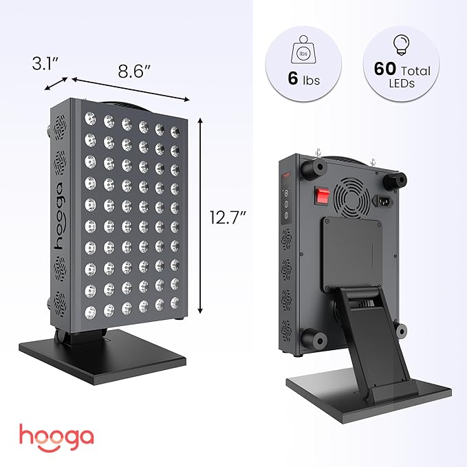 Hooga Red Light Therapy Panel for Face and Body, Red & Near Infrared LED Light with Timer and Stand, 60 High-Efficiency Low-Level LEDs (<5 mW), Flicker-Free Wellness and Recovery Device – PRO300