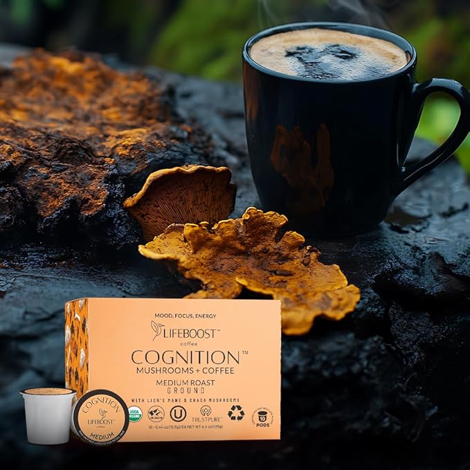 Lifeboost Cognition Mushroom Coffee Pods – Organic Low Acid K-Cups with Lion’s Mane & Chaga Adaptogens – Nootropic Coffee for Energy, Focus & Immune Support – 10 Count