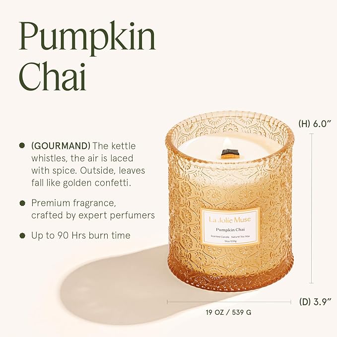LA JOLIE MUSE Pumpkin Chai Candle – Pumpkin, Spicy Chai & Vanilla Scent | 19 oz Large Wooden Wick| Natural Soy Wax | 90 Hours Clean Burn | Gift-Ready for Autumn Hosting | Seasonal Home Décor
