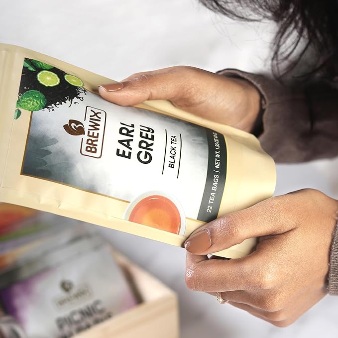 BREWIX, Earl Grey Tea Bags (22 Pyramid Tea Bags) Long Leaf Indian Black Tea with Bergamot, Packed in Resealable Ziplock Pouch | Black Tea with Bergamot