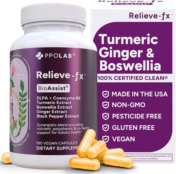 PPO Lab Relieve-fx™ DLPA Boswellia Turmeric Ginger Supplement - Curcumin, Boswellic Acid, Black Pepper - Capsules for Stress Relief, Heart, Digestion, Muscle Cramp, Joint, Healthy Inflammation - 180ct