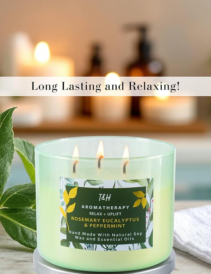 Rosemary Eucalyptus Peppermint 3-Wick Soy Candle 15.8 oz | Large Stress Relief Eucalyptus Candle for Home | Aromatherapy Relaxation Candles for Men & Women | Highly Scented, Long-Lasting Clean Burn