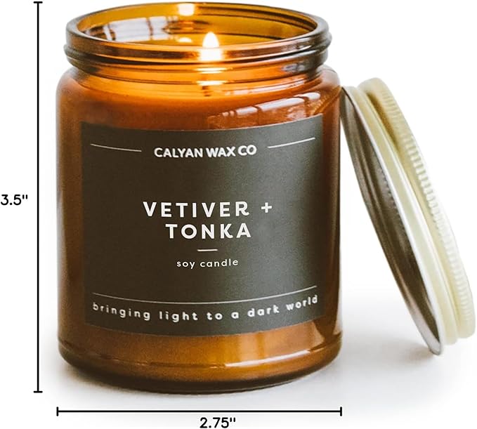Calyan Wax Co. Vetiver & Tonka Scented Candle - 57 Hour Burn - Luxury Non Toxic Soy Wax Candles - Long Lasting Amber Glass Jar Candle for Home - 7.2oz