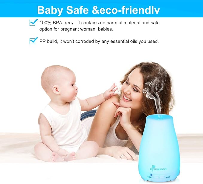 Diffuserlove 2 Pack 200ml Essential Oil Diffuser Ultrasonic Aromatherapy Diffuser with Waterless Auto Shut-Off Aroma Cool Mist Humidifiers with 6 Bottles of Natural Essential Oils /7 Color LED Lights