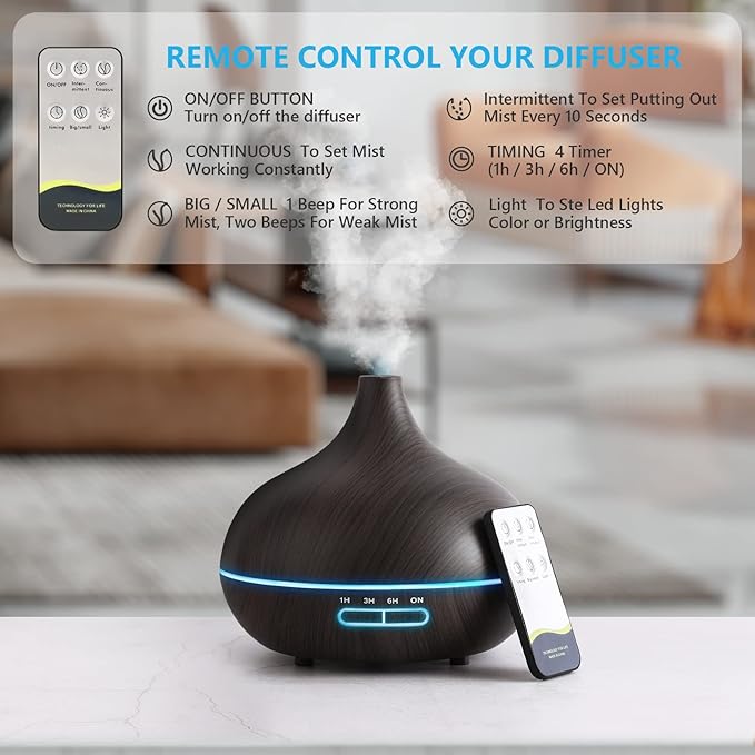 Diffusers for Essential Oils Large Room, 550ml Essential Oil Diffusers with Remote Control, Ultrasonic Oil Diffuser with Timer, 7 Colors Light for Bedroom