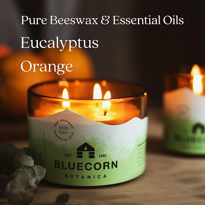 Bluecorn Beeswax Large 3-Wick Candle, 100% Pure Beeswax with Eucalyptus & Orange Essential Oils, Amber Glass, Soy Free, Clean Burning Candle Wax, Long Lasting, Home Decor, American Made, 22 Oz, 1 Ct