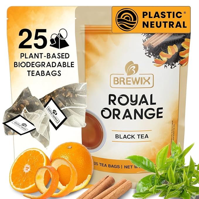 BREWIX, Royal Orange Spice Black Tea (25 Pyramid Tea Bags) | Premium Caffeinated Blend with Zesty Orange & Warming Spices | Warming Winter Blend Perfect for the Holidays | Iced Tea Bags | Sugar-Free