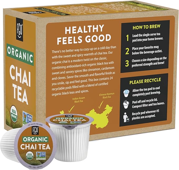FGO Organic Chai Black Tea K-Cup Pods for Keurig, 24 Count (Pack of 1), Premium Black Tea with Chai Spice is USDA Organic, Non-GMO, & Recyclable with Naturally Occurring Caffeine