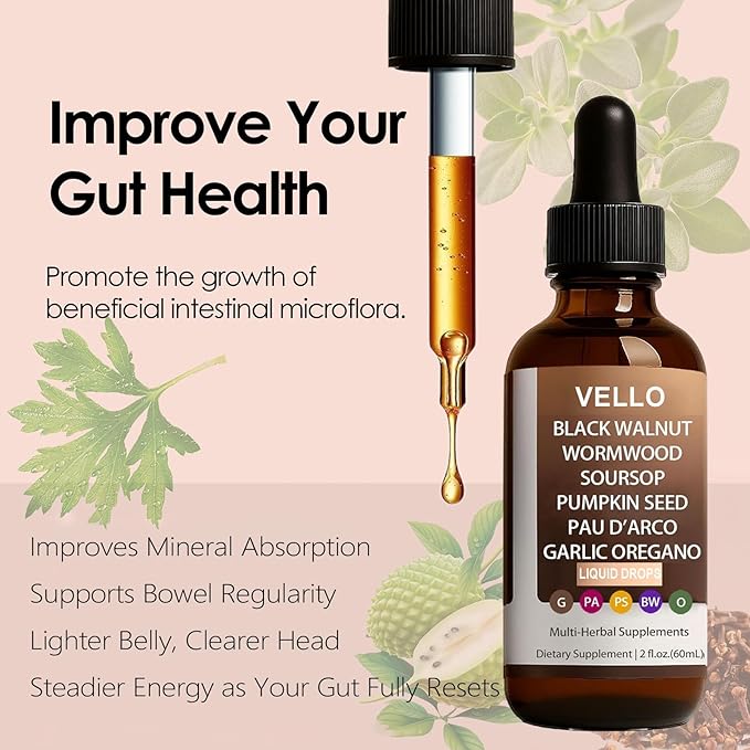 VELLO Black Walnut Wormwood Gut Cleanse | Soursop, Pumpkin Seed, PAU D'arco, Garlic Oregano, Digestion Aid & Boosts Energy, Gut Health & Absorption (2)