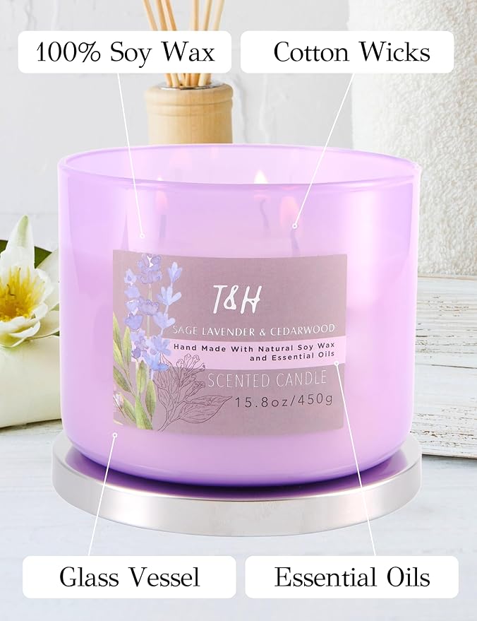 Sage Lavender Cedarwood 3 Wick Scented Soy Candle, 15.8 oz - Aromatherapy Stress Relief Candle - Clean Burning, Long Lasting, Earthy Scented Candle for Home, Men & Women