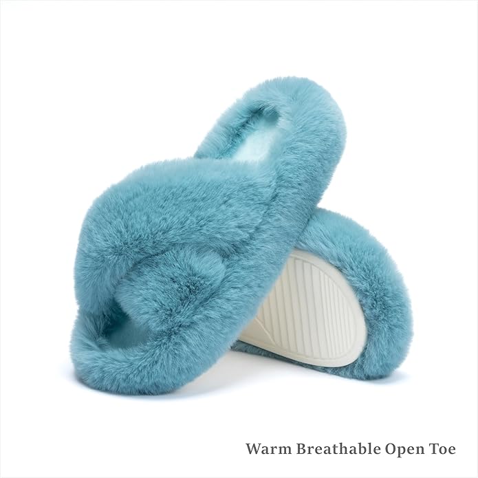 Chantomoo Women's Blue Memory Foam Faux Fur Lined Open Toe Slippers for Women - US 12