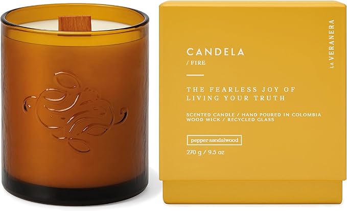 Candela Spicy Sandalwood Candles, Home Scented for Soothing Atmosphere, Handcrafted Scented Candle with Wood Wick & 100% Recycled Glass Jar - 9.5 oz