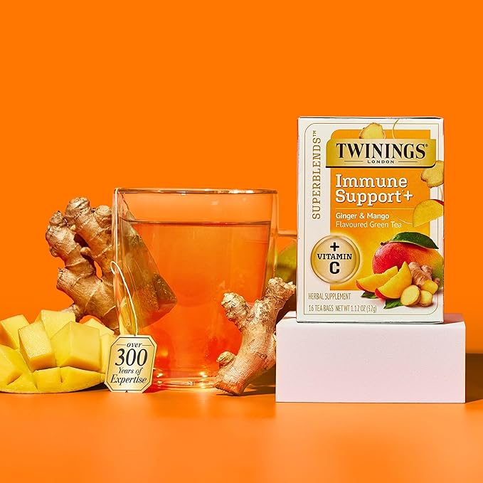 Twinings Superblends Immune Support+ Herbal Tea with Vitamin C, Ginger & Mango Flavoured Green Tea, 16 Tea Bags (Pack of 6), Naturally Caffeine-Free, Enjoy Hot or Iced, 96 Teabags