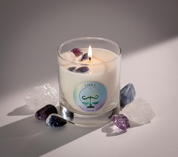 Luxury Glass Jar Candle, Libra Zodiac Sign, 8.8 oz - Crystal Infused - Scents of Marine, Rose, Cedar & Soft Musk - USA Made, Coconut-Soy Wax, Essential Oils, Dr. Developed