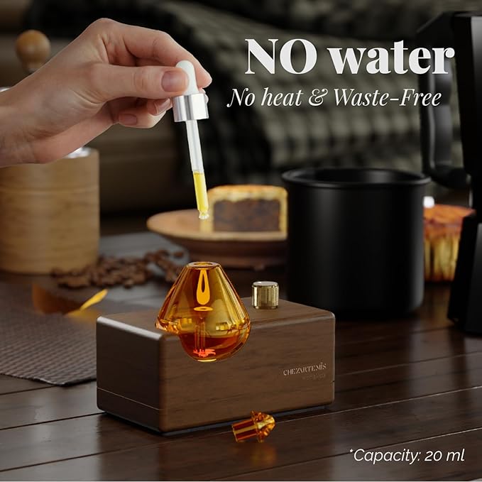 Amber Premium Glass Essential Oil Diffuser with Handmade Wood Base for Aromatherapy, Retro Waterless Scent Diffuser with Cool Mist, Rechargeable & Wireless Oil Nebulizer with LED & Timer, 2026 Model