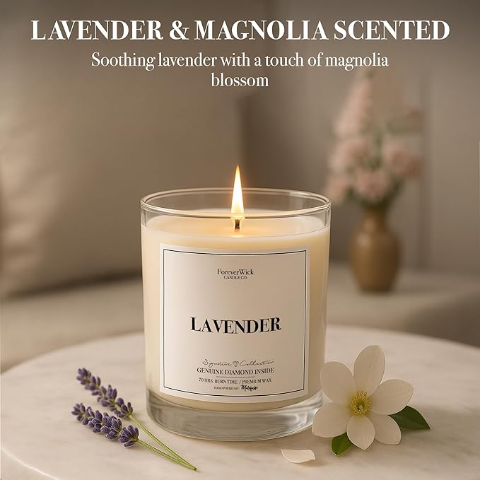 Lavender & Magnolia Surprise Candle with Diamond Inside | Foreverwick Candles | Scented Soy Candles Gifts for Women Aromatherapy Candle Wax | Romance Candles All-Natural Organic Soy Candle 14oz | 70h