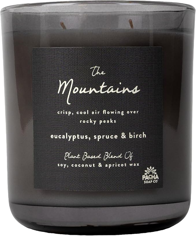 PACHA SOAP Co. Origins & Elements Candle Collection, The Mountains, 12 oz - Scents of Eucalyptus, Birch & Spruce - Clean Burning, Soy, Coconut & Apricot Wax, Lead-Free Wick, Cruelty-Free, Recyclable