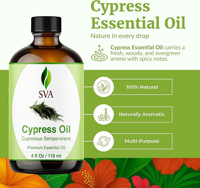 SVA Cypress Essential Oil – 4 Fl Oz – 100% Natural Cypress Oil - for Diffuser, Hair Care, Face, Skin Care, Aromatherapy, Scalp and Body Massage, Soap and Candle Making – with Dropper