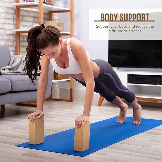 6 Pieces Cork Yoga Brick 9 x 6 x 3 Inches Non Slip Cork Yoga Block Gymnastic Yoga Cube Bricks Supportive Stretching Blocks for Exercise Pilates Workout Fitness Meditation Stability