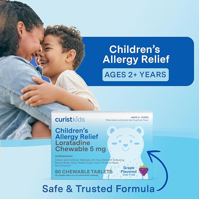 Curist Children's Allergy Medicine Chewable (Loratadine 5mg) 120 Count Grape Flavor - 24 Hour Allergy Relief for Sneezing, Runny Nose, Itchy Eyes & Throat - Kids Allergy Chewable Tablets (Pack of 2)