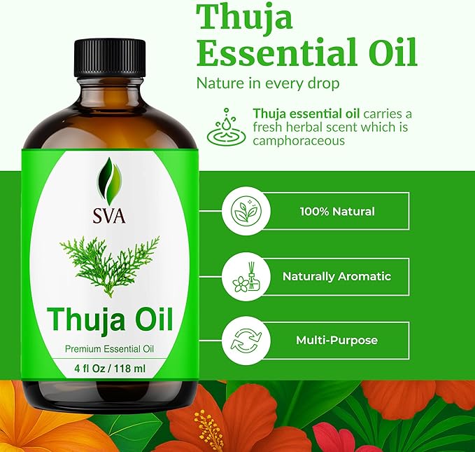 SVA Thuja Essential Oil – 4 Fl Oz – 100% Natural Thuja Oil - for Diffuser, Hair Care, Face, Skin Care, Aromatherapy, Scalp and Body Massage, Soap and Candle Making – with Dropper