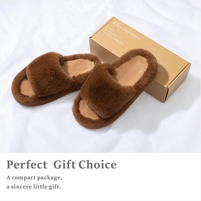 Chantomoo Women's Blue Memory Foam Faux Fur Lined Open Toe Slippers for Women - US 12