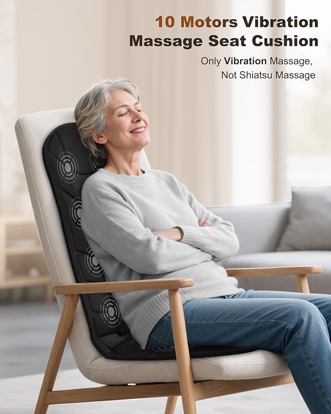 Snailax Back Massager with Heat, Massage Seat Cushion with 10 Motors, Massage Chair Pad for Home Office Use, 5 Modes & 3 Intensity Levels, 2 Heat Settings with 30-60-90 Mins Timer, Gifts for Him Her