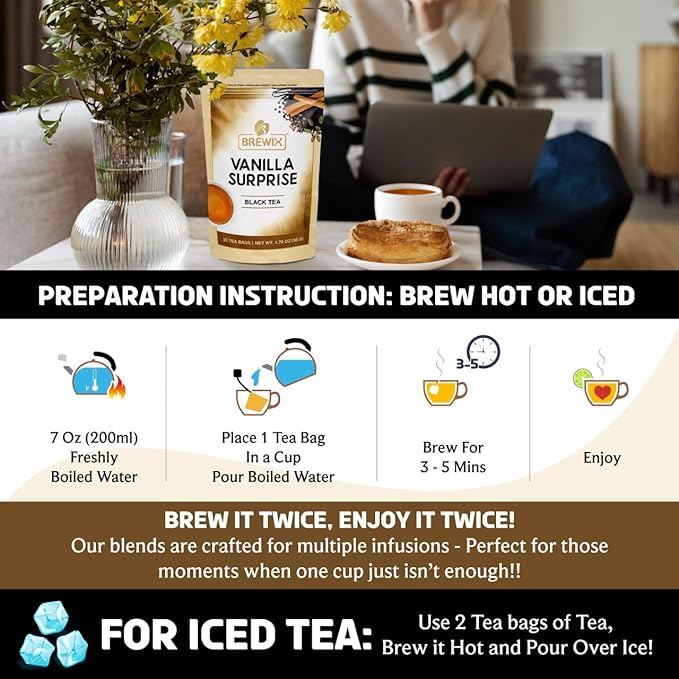 BREWIX, Vanilla Spiced Chai Tea (25 Pyramid Tea Bags) | High Caffeine, Gluten Free | Blend Of Vanilla & Masala Chai Tea | Black Tea with Cinnamon, Black Pepper, Cardamom and Clove | Energy & Focus Tea