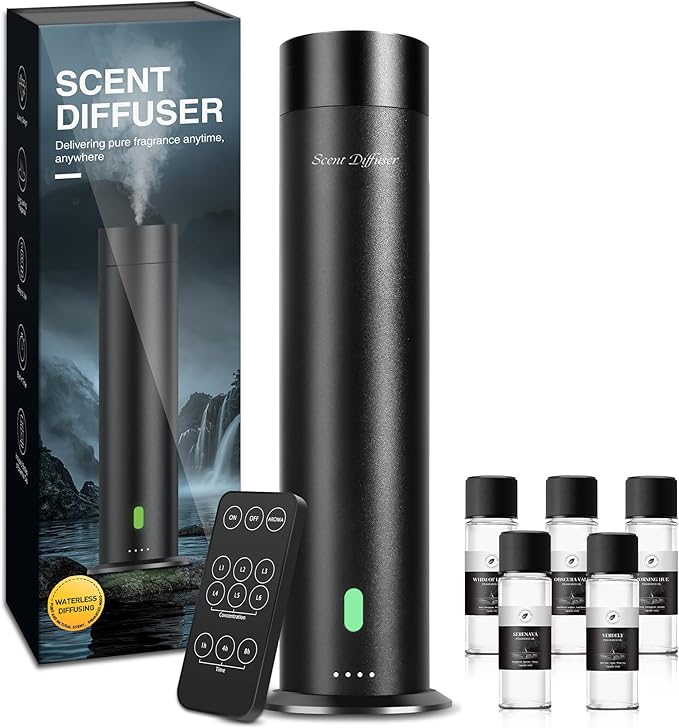 Waterless Scent Diffuser Starter Kit - 1000 Sq Ft Coverage, Hotel Scent Diffuser, Essential Oil Diffuser Large Room, Included 5 Scent Oils, Remote Control, Black, 11.30In