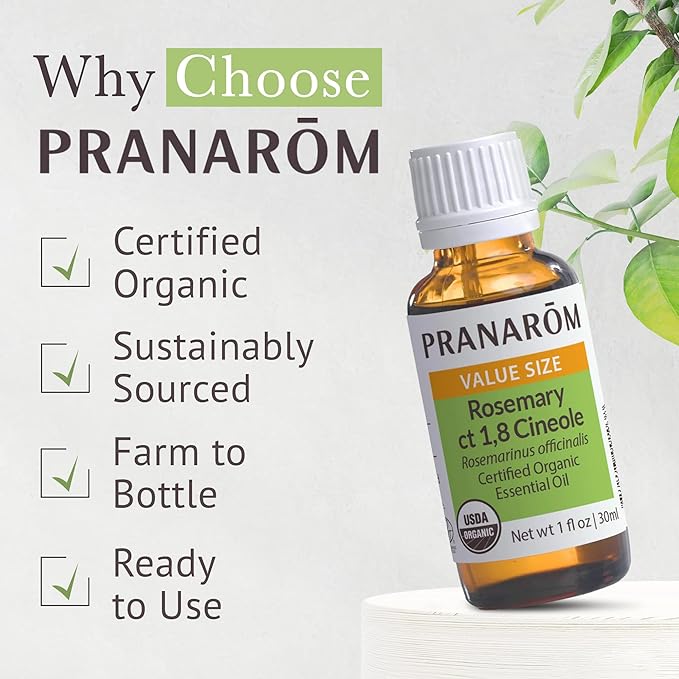 Pranarom USDA Certified Organic Rosemary Cineole Essential Oil (30ml), 100% Pure Undiluted Therapeutic Grade from Tunisia for Aromatherapy, Diffuser, Meditation, Massage, Relaxation