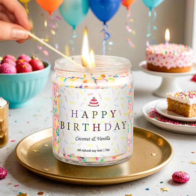 Happy Birthday Candles Set, 4 Pack Birthday Candle Gifts for Women, Unique Best Friend Birthday Gifts Ideas for Her and Him, Natural Soy Candle Scent of Vanilla Coconut/Lavender/Eucalyptus Mint - 7oz