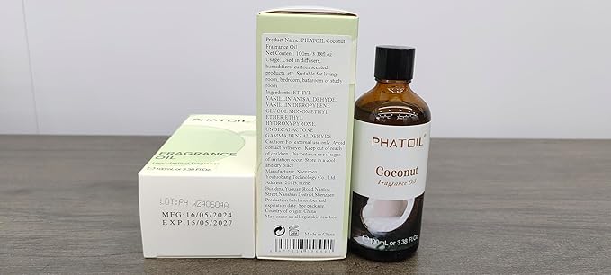 PHATOIL 3.38FL.OZ Coconut Fragrance Oils for Aromatherapy, Essential Oils for Diffusers for Home, Perfect for Diffuser, Yoga, Skin Care, DIY Candle and Soap Making - 100ml