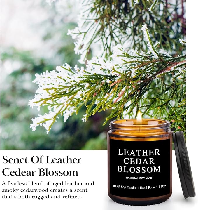 Scented Candles for Men - Leather Cedear Blossom Scent | 50Hr Burn Soy Wax in Brown Glass - Man Cave Gifts, Birthday for Him, Father's Day Gift (9oz)