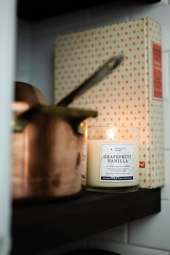 PERIPETI Home Grapefruit + Vanilla Soy Candle - Long-Lasting Scented Candle with Classic Wick for Relaxing Aromatherapy - 8.5oz Natural Wax for Home, Spa, or Gift