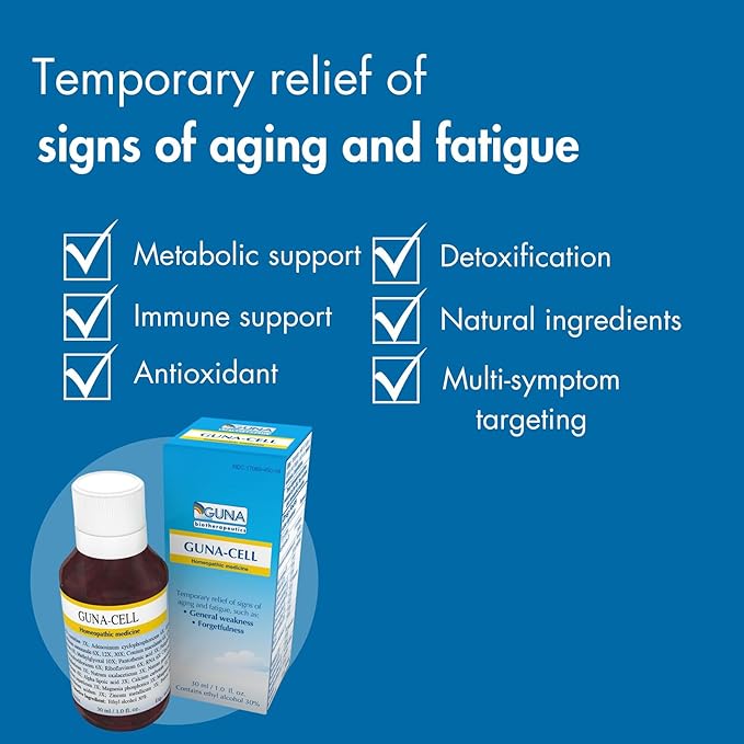 Guna Cell Homeopathic Provides Temporary relief of signs of aging and fatigue, such as: general weakness and forgetfulness. - 1 Ounce