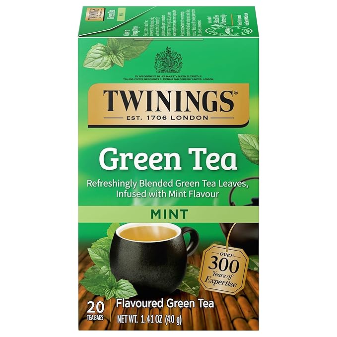 Twinings Green Tea with Mint Individually Wrapped Bags, 20 Count (Pack of 1), Invigorating Aroma, Caffeinated, Enjoy Hot or Iced, 20 Teabags